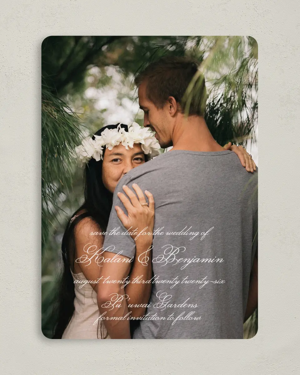 This is a 5" x 7" Save the Date Card called Aloha Amore printed in full color on Premium Smooth paper