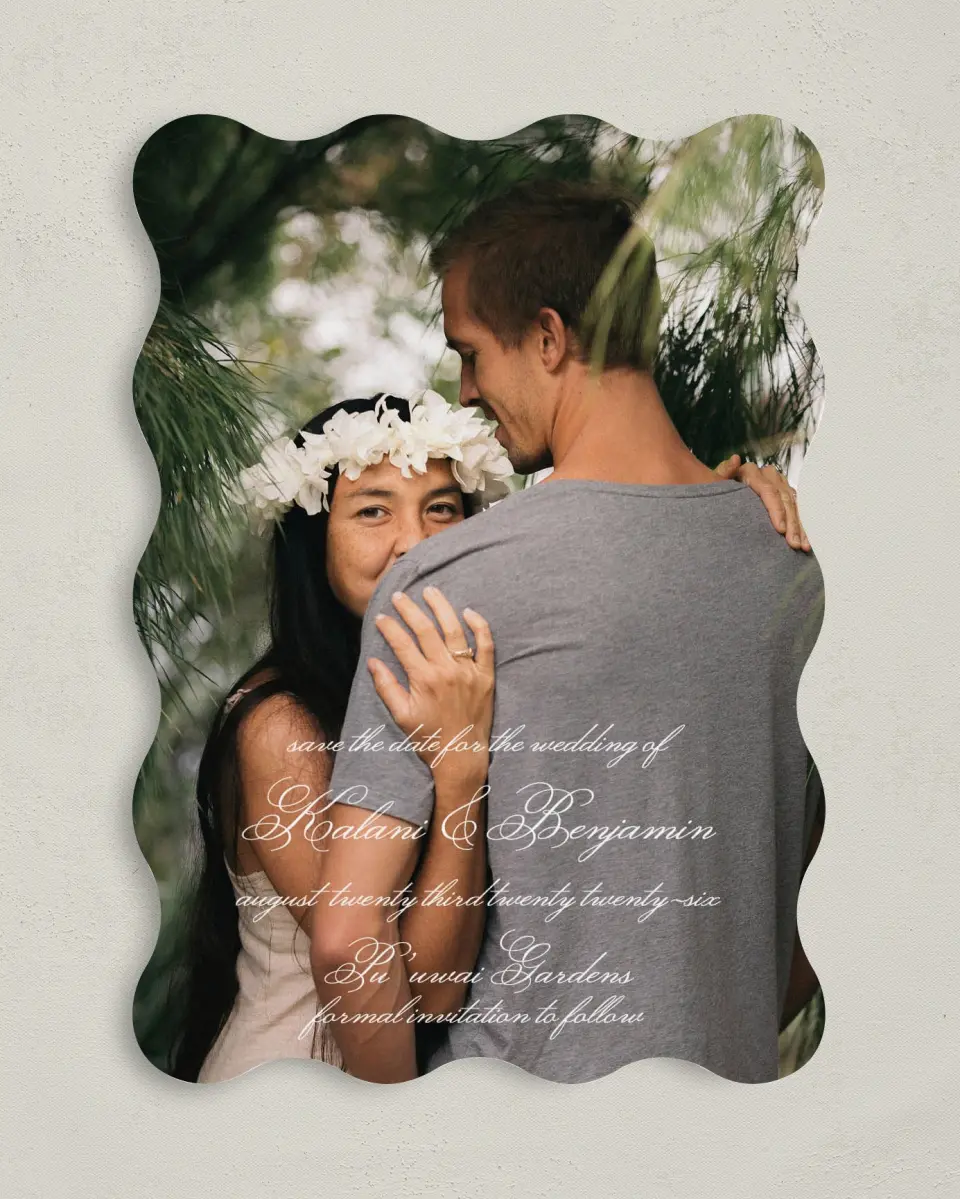 This is a 5" x 7" Save the Date Card called Aloha Amore printed in full color with Rose Gold foil on Luxe Satin (coated) paper