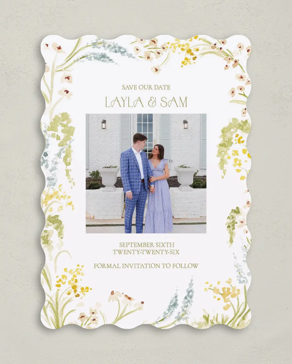 This is a 5" x 7" Save the Date Card called Forever in Bloom printed in full color on Premium Smooth paper
