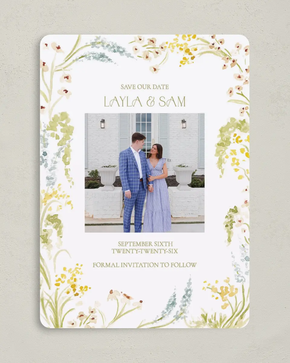 This is a 5" x 7" Save the Date Card called Forever in Bloom printed in full color on Premium Smooth paper