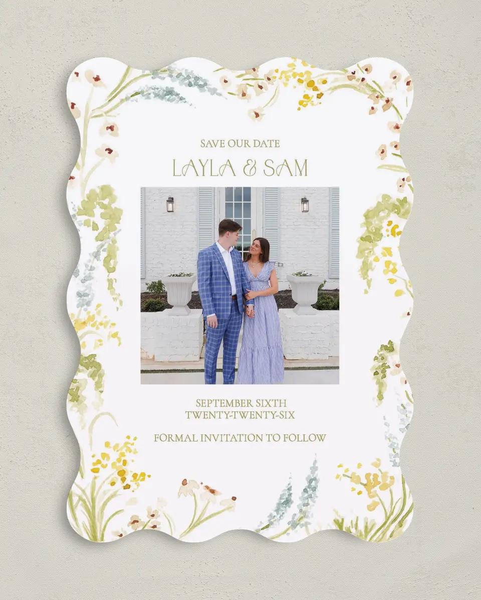 This is a 5" x 7" Save the Date Card called Forever in Bloom printed in full color with Silver foil on Luxe Satin (coated) paper