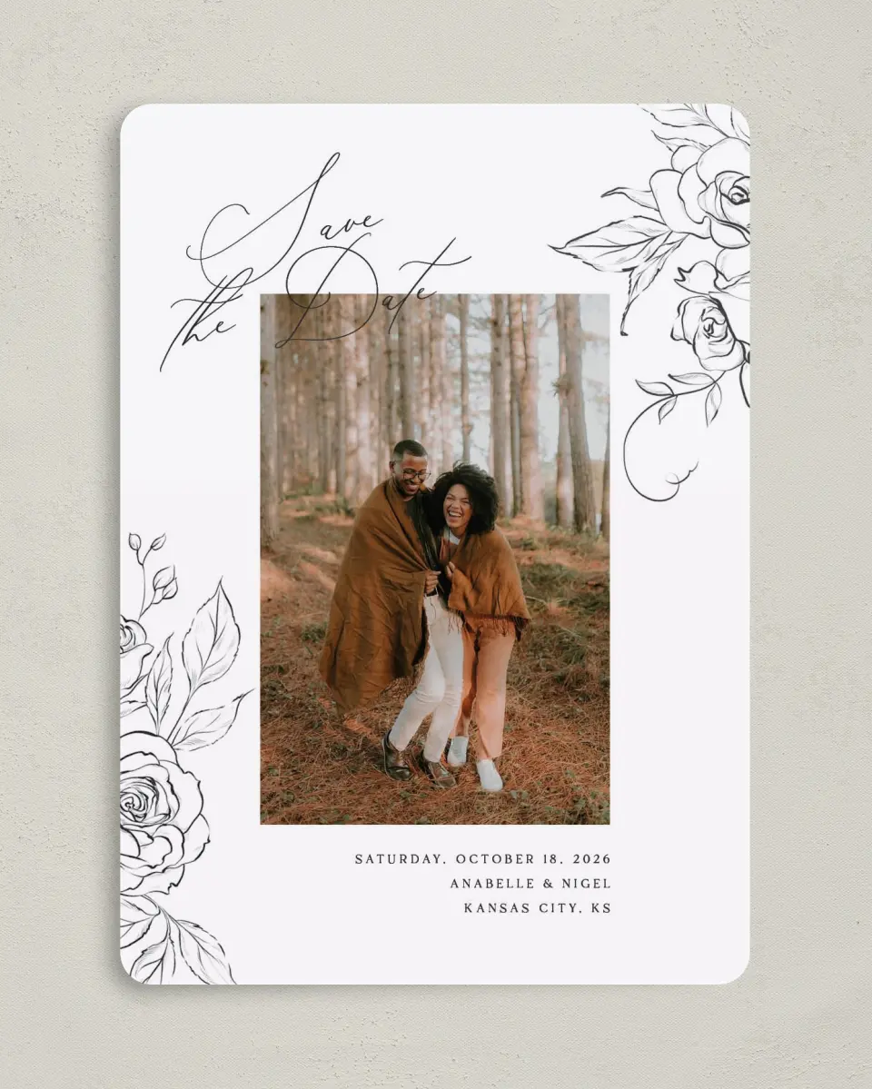 This is a 5" x 7" Save the Date Card called The Anabelle printed in full color on Premium Smooth paper