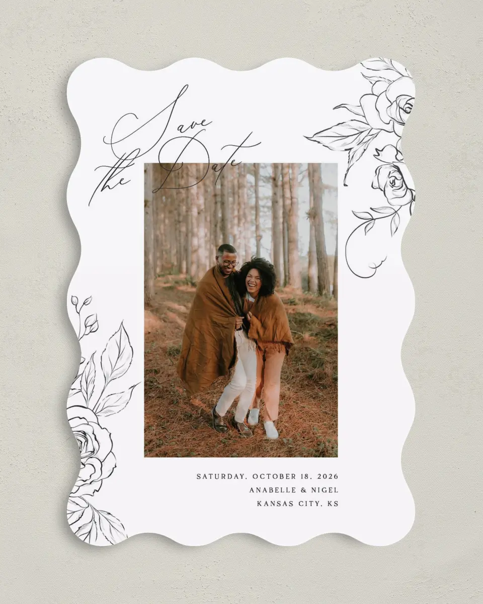 This is a 5" x 7" Save the Date Card called The Anabelle printed in full color on Premium Smooth paper