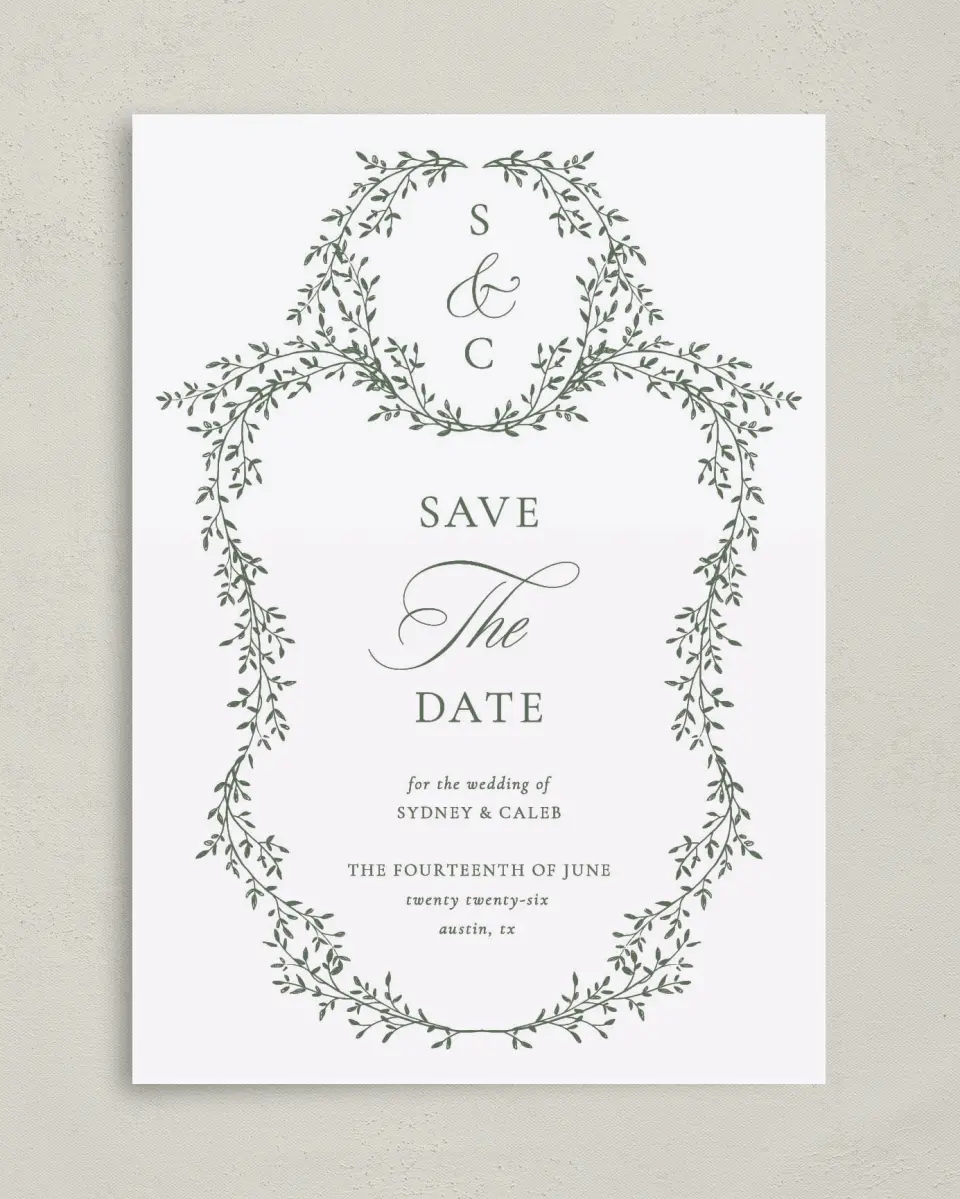This is a 5" x 7" Save the Date Card called Elegant Frame printed in full color on Premium Smooth paper