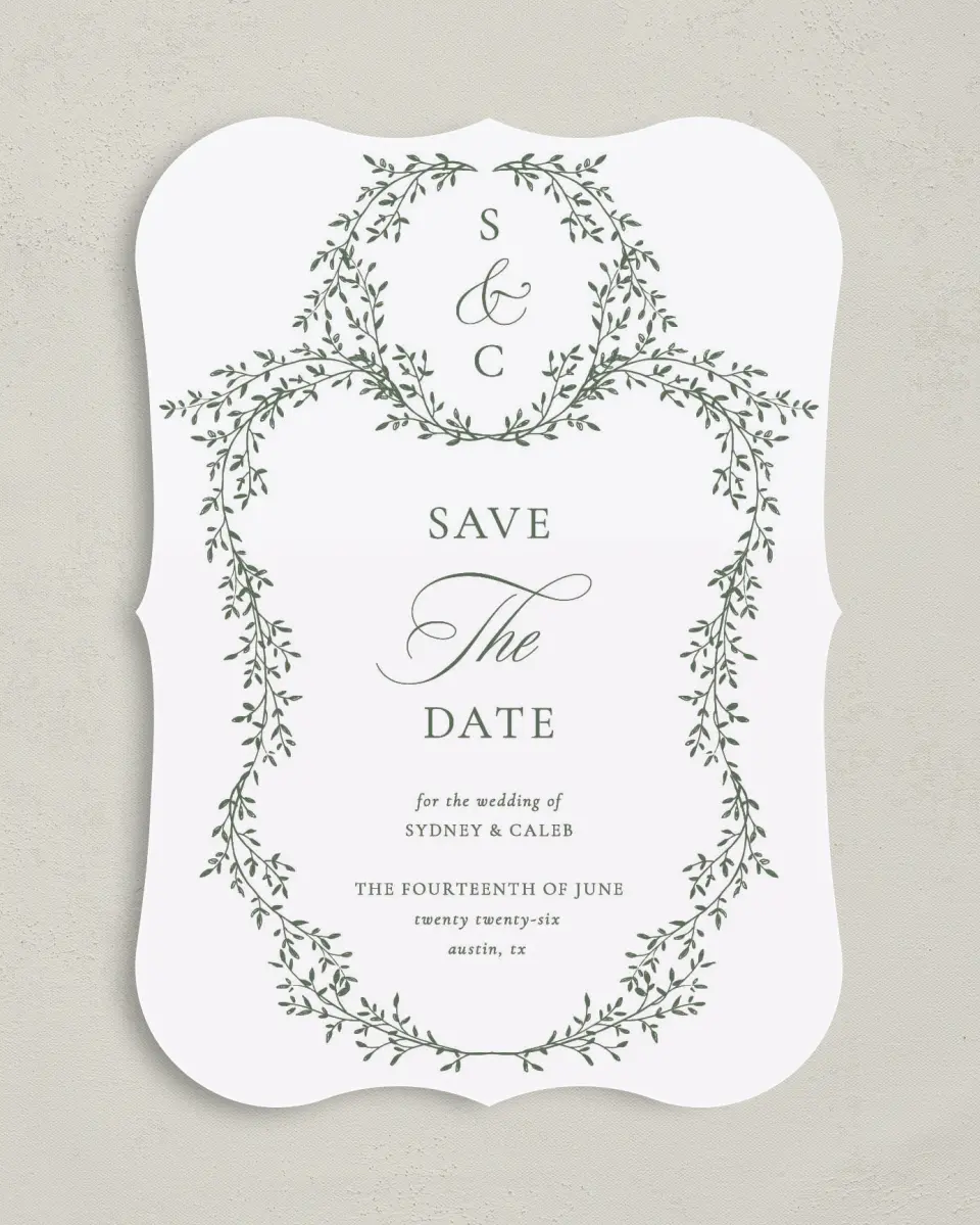 This is a 5" x 7" Save the Date Card called Elegant Frame printed in full color on Premium Smooth paper