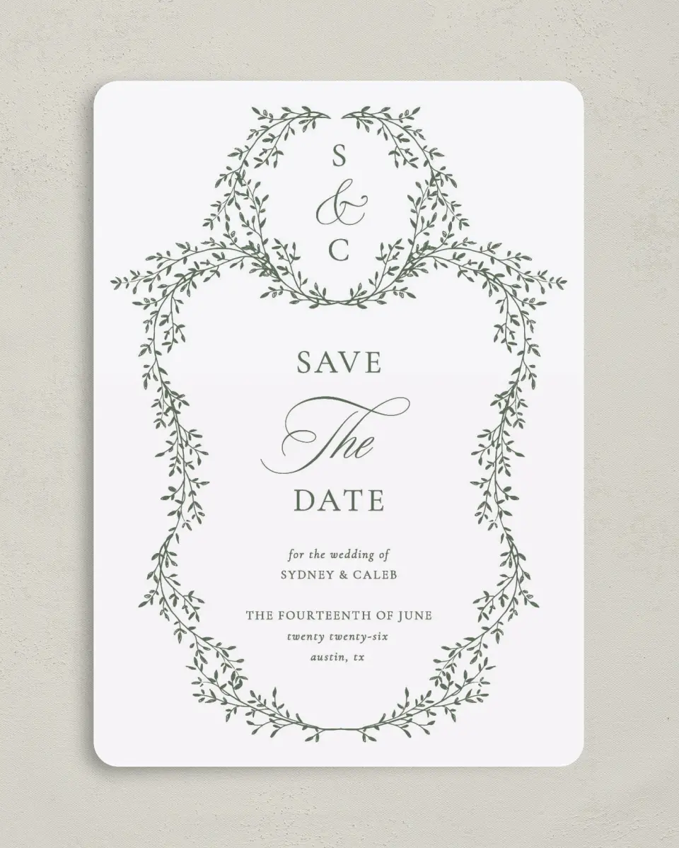 This is a 5" x 7" Save the Date Card called Elegant Frame printed in full color on Premium Smooth paper