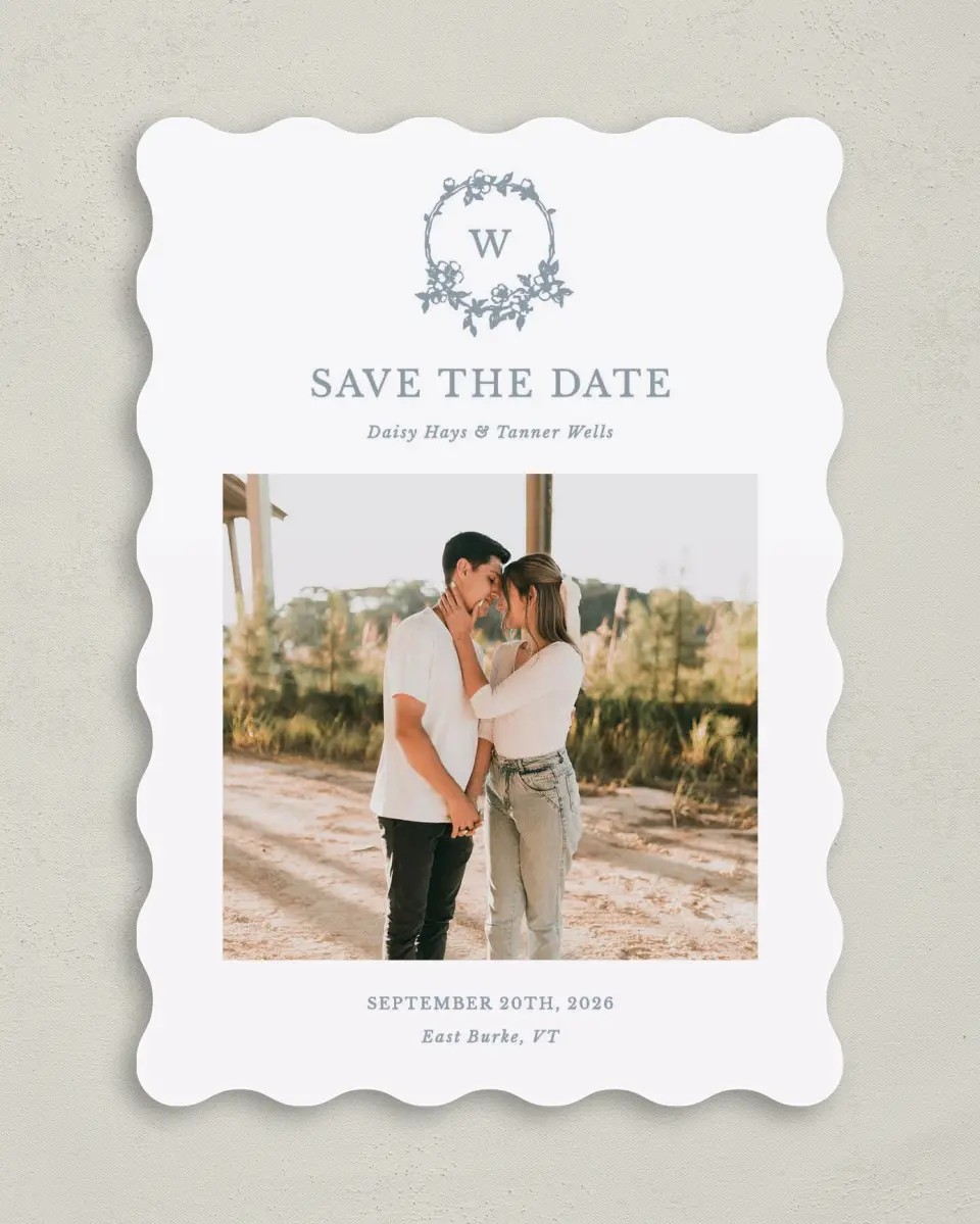This is a 5" x 7" Save the Date Card called Flowering Frame printed in full color on Premium Smooth paper