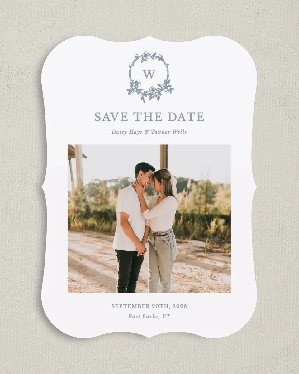This is a 5" x 7" Save the Date Card called Flowering Frame printed in full color on Premium Smooth paper