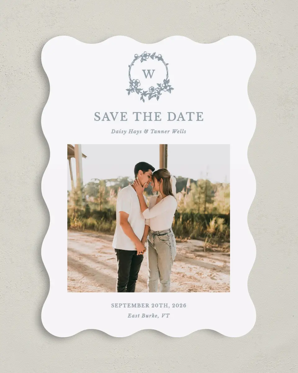 This is a 5" x 7" Save the Date Card called Flowering Frame printed in full color on Premium Smooth paper