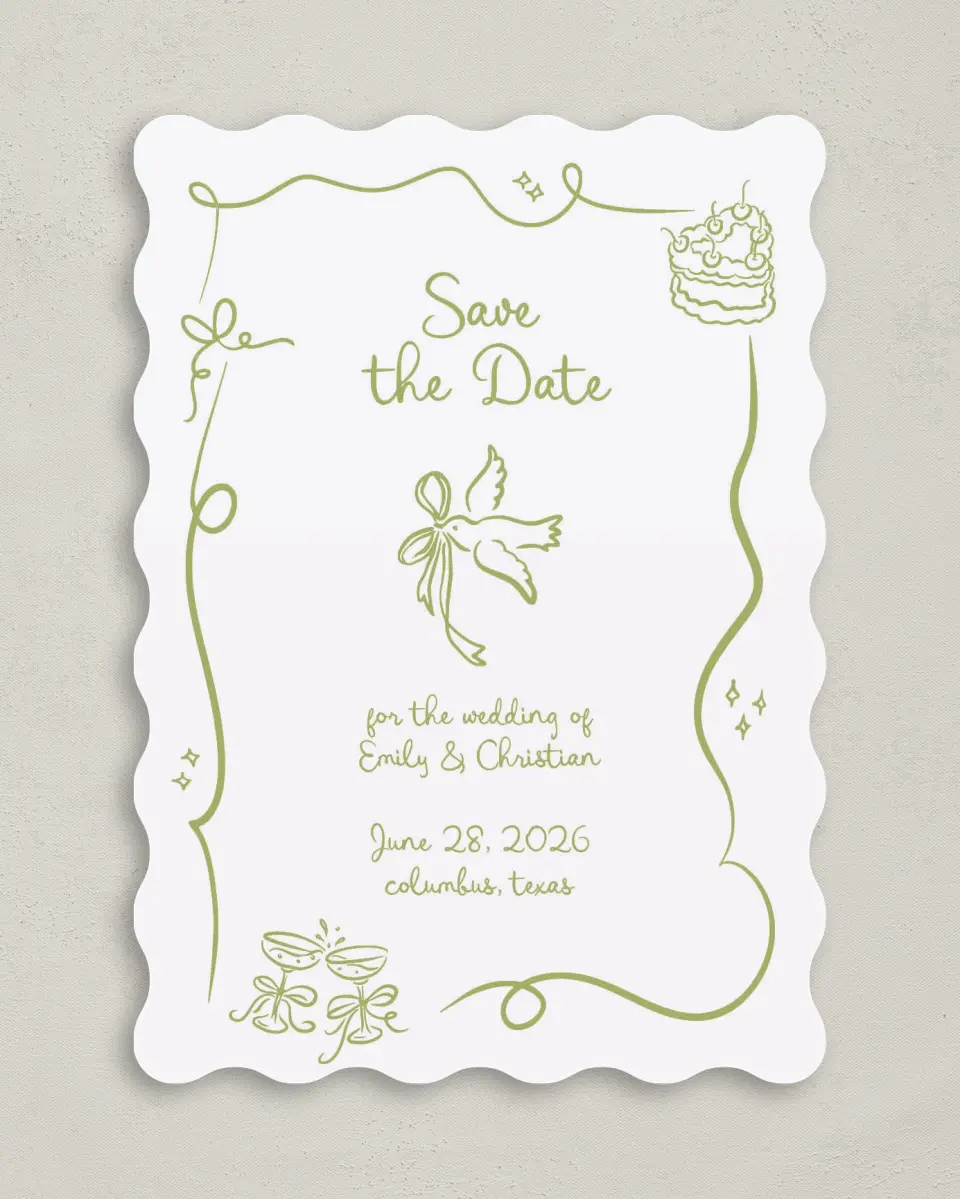 This is a 5" x 7" Save the Date Card called Wedding Whimsy printed in full color on Premium Smooth paper