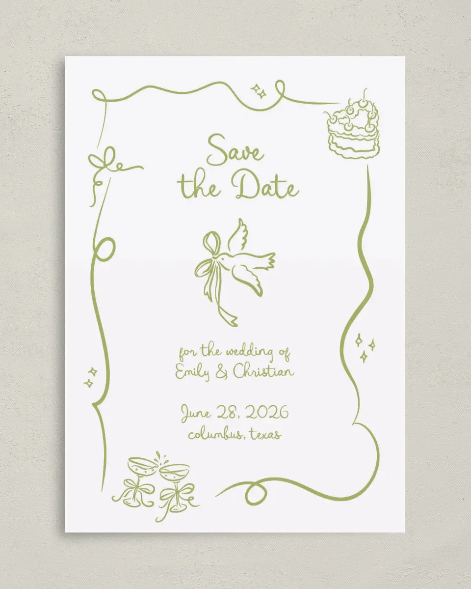 This is a 5" x 7" Save the Date Card called Wedding Whimsy printed in full color on Premium Smooth paper