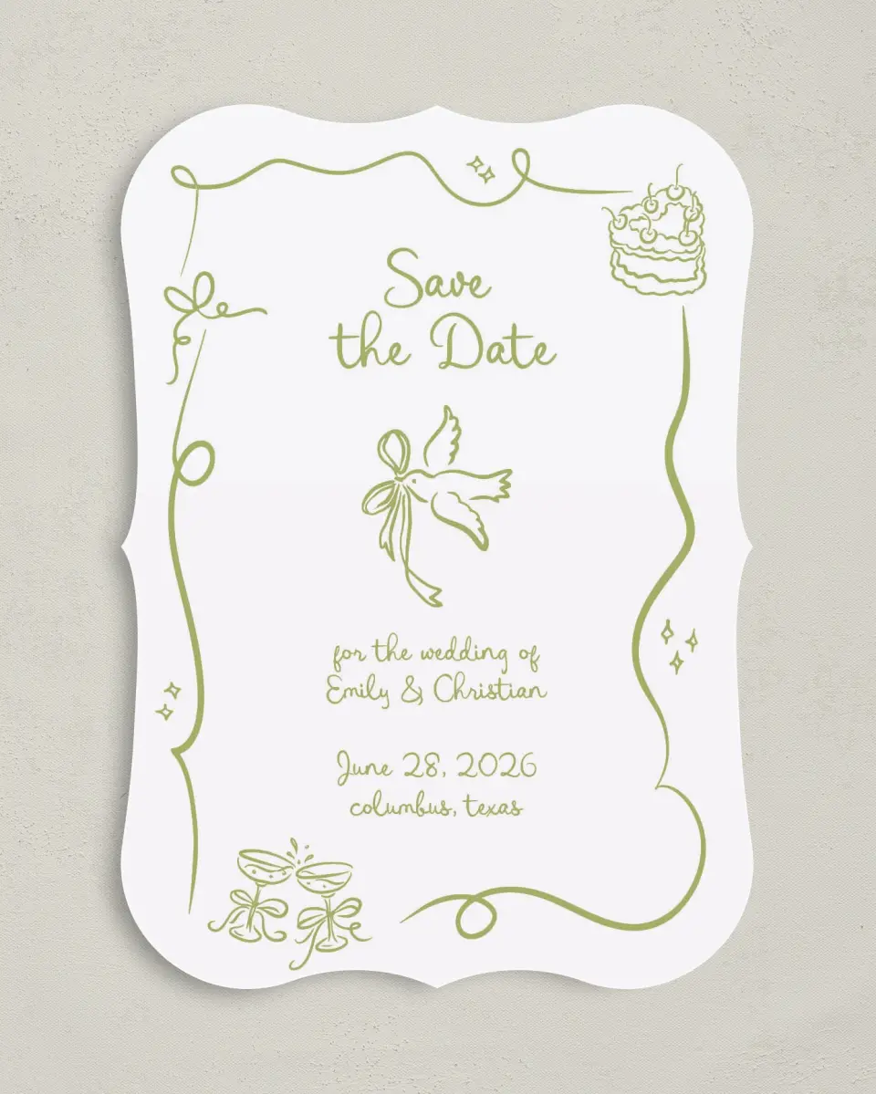 This is a 5" x 7" Save the Date Card called Wedding Whimsy printed in full color on Premium Smooth paper