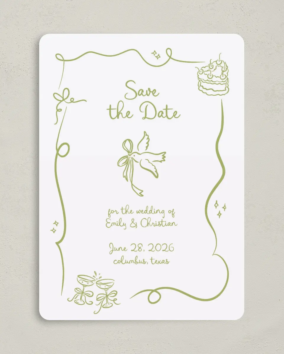 This is a 5" x 7" Save the Date Card called Wedding Whimsy printed in full color on Premium Smooth paper