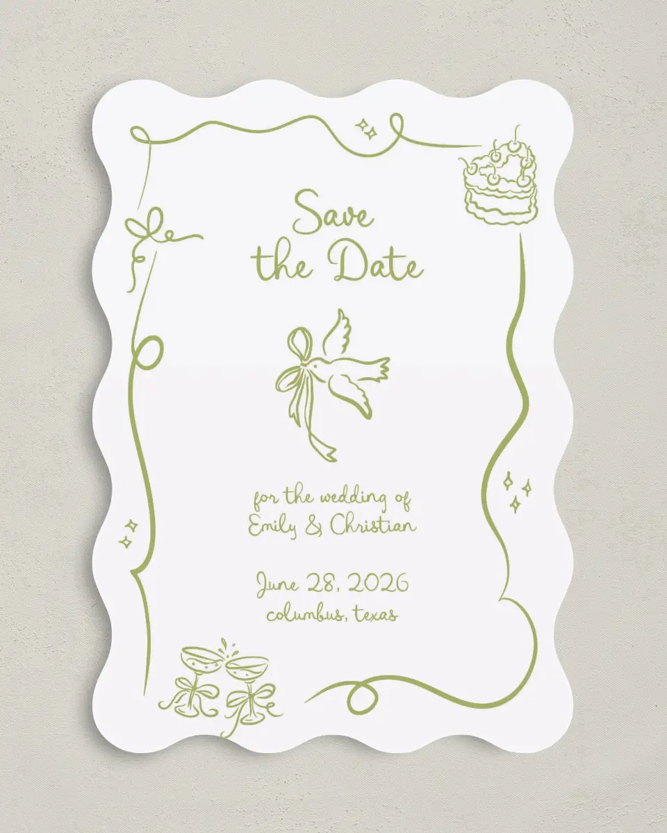 This is a 5" x 7" Save the Date Card called Wedding Whimsy printed in full color on Premium Smooth paper
