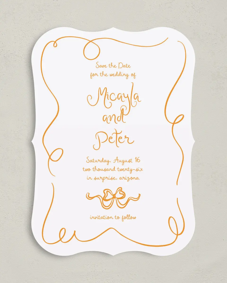 This is a 5" x 7" Save the Date Card called The Micayla printed in full color on Premium Smooth paper