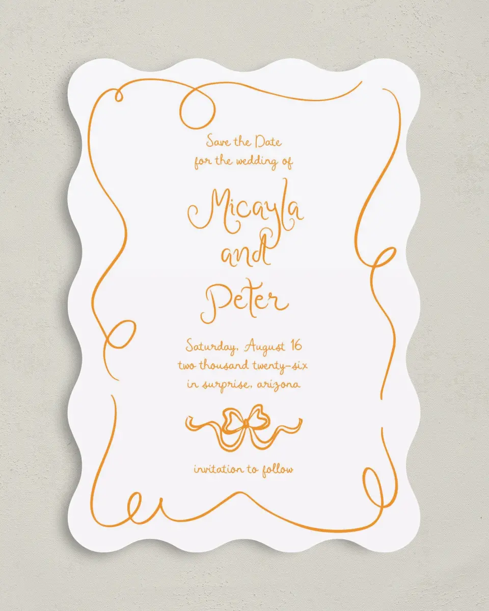 This is a 5" x 7" Save the Date Card called The Micayla printed in full color on Premium Smooth paper