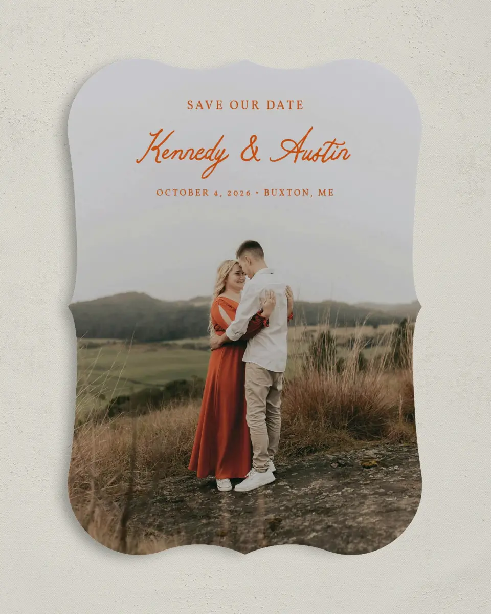 This is a 5" x 7" Save the Date Card called The Kennedy printed in full color on Premium Smooth paper