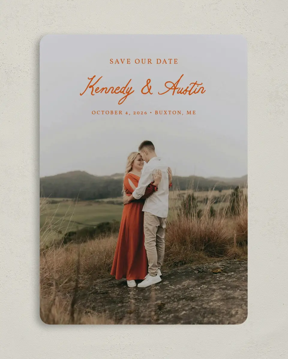 This is a 5" x 7" Save the Date Card called The Kennedy printed in full color on Premium Smooth paper