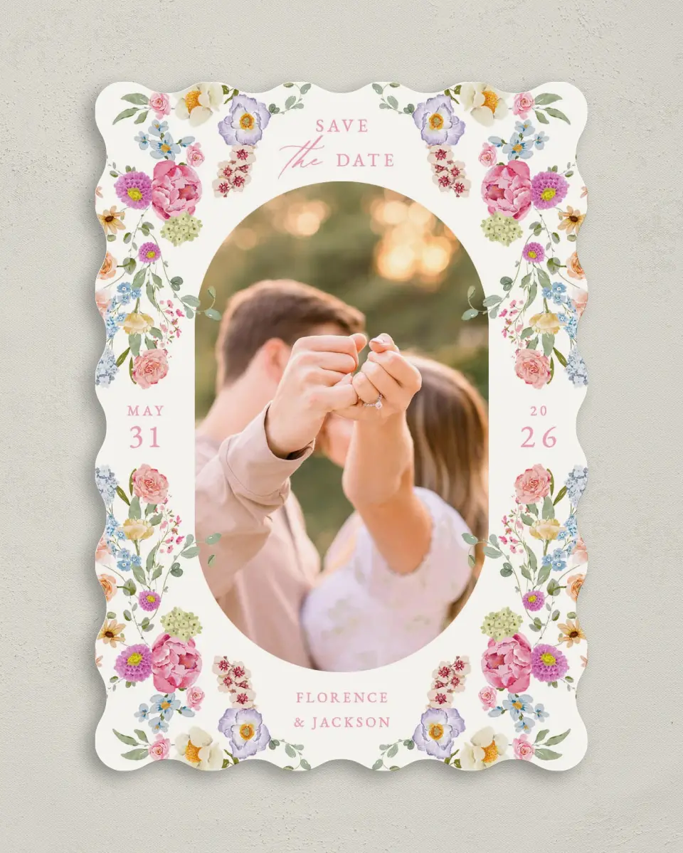 This is a 5" x 7" Save the Date Card called The Florence printed in full color on Premium Smooth paper