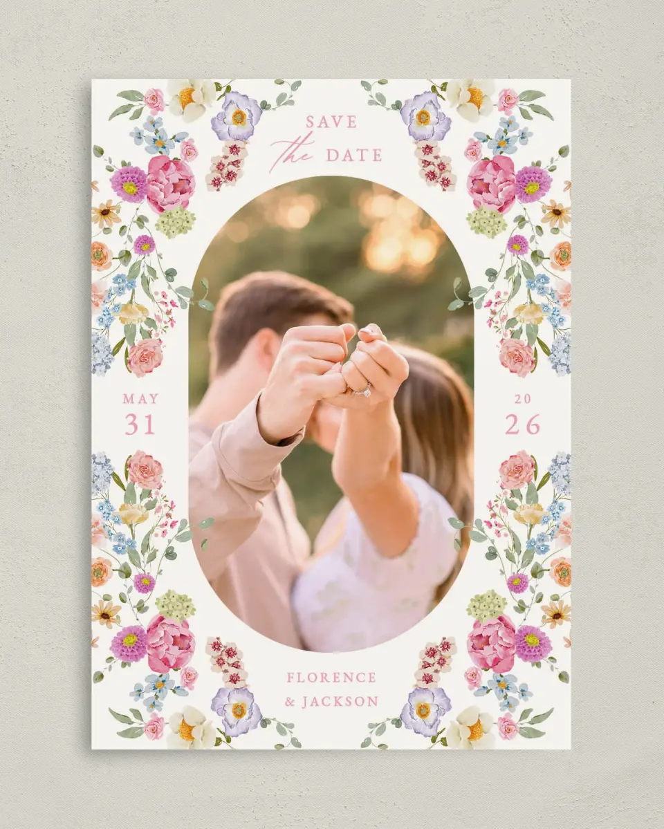 This is a 5" x 7" Save the Date Card called The Florence printed in full color on Premium Smooth paper