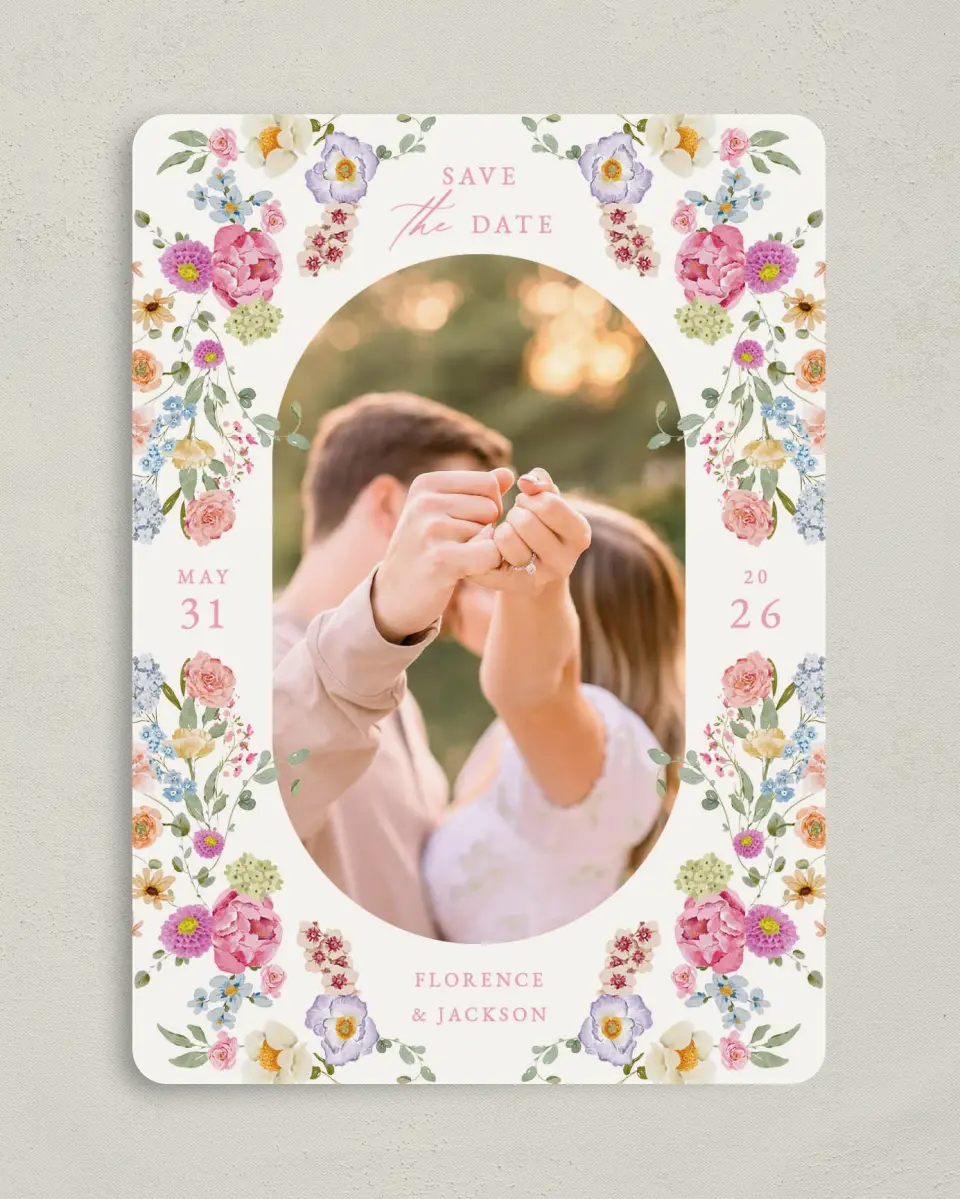 This is a 5" x 7" Save the Date Card called The Florence printed in full color on Premium Smooth paper