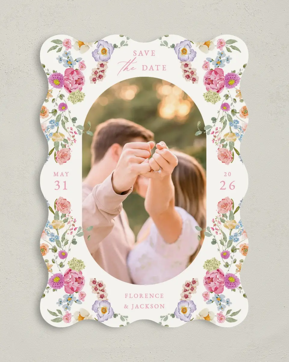 This is a 5" x 7" Save the Date Card called The Florence printed in full color on Premium Smooth paper