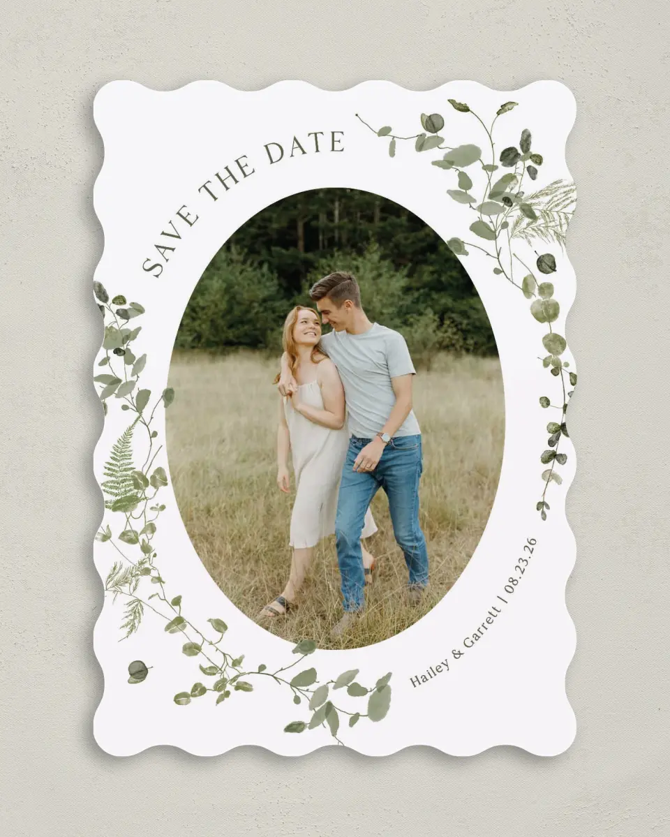 This is a 5" x 7" Save the Date Card called The Hailey printed in full color on Premium Smooth paper