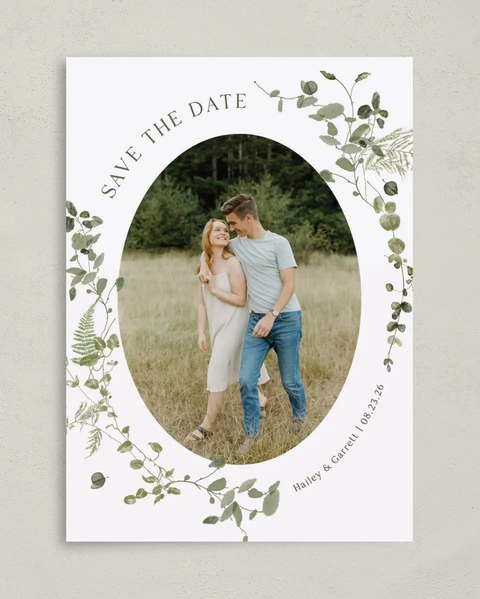 This is a 5" x 7" Save the Date Card called The Hailey printed in full color on Premium Smooth paper