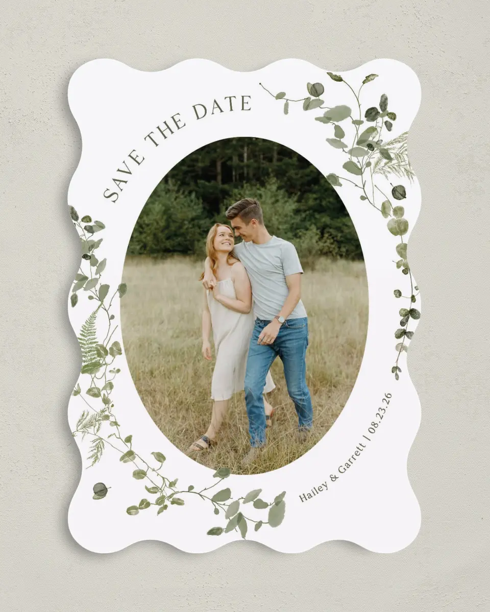 This is a 5" x 7" Save the Date Card called The Hailey printed in full color on Premium Smooth paper