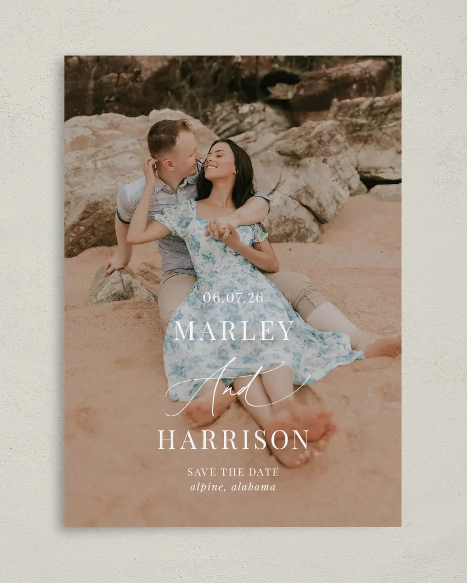This is a 5" x 7" Save the Date Card called Blue Blossoms printed in full color on Premium Smooth paper