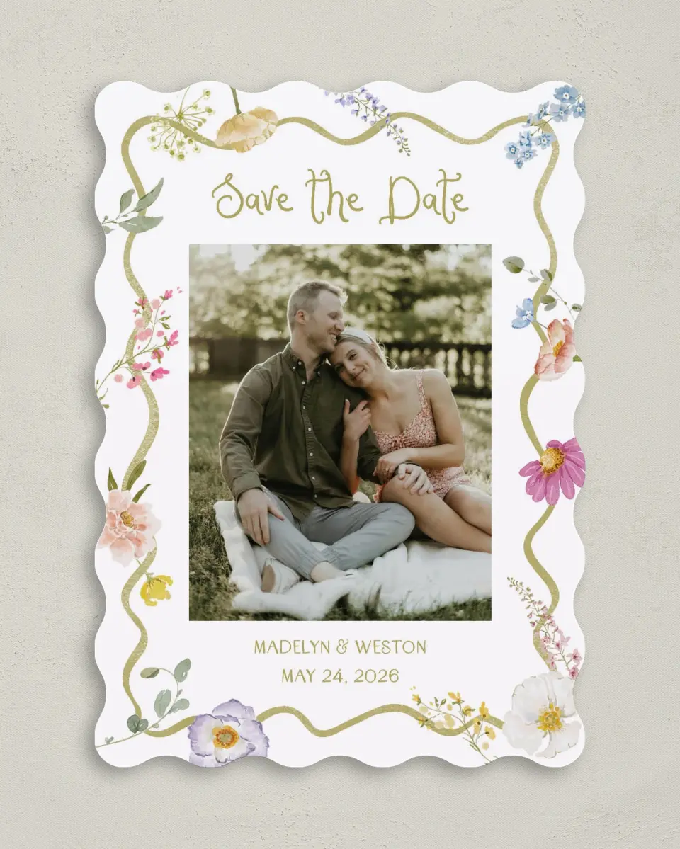 This is a 5" x 7" Save the Date Card called Whimsical Garden printed in full color on Premium Smooth paper