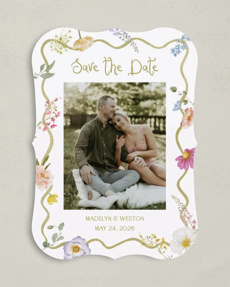 This is a 5" x 7" Save the Date Card called Whimsical Garden printed in full color on Premium Smooth paper