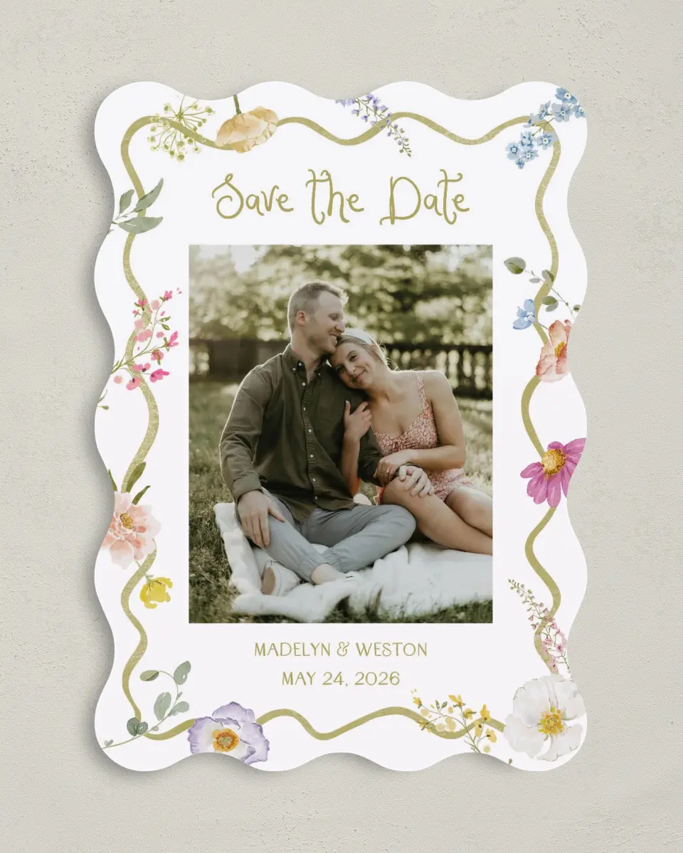 This is a 5" x 7" Save the Date Card called Whimsical Garden printed in full color on Premium Smooth paper
