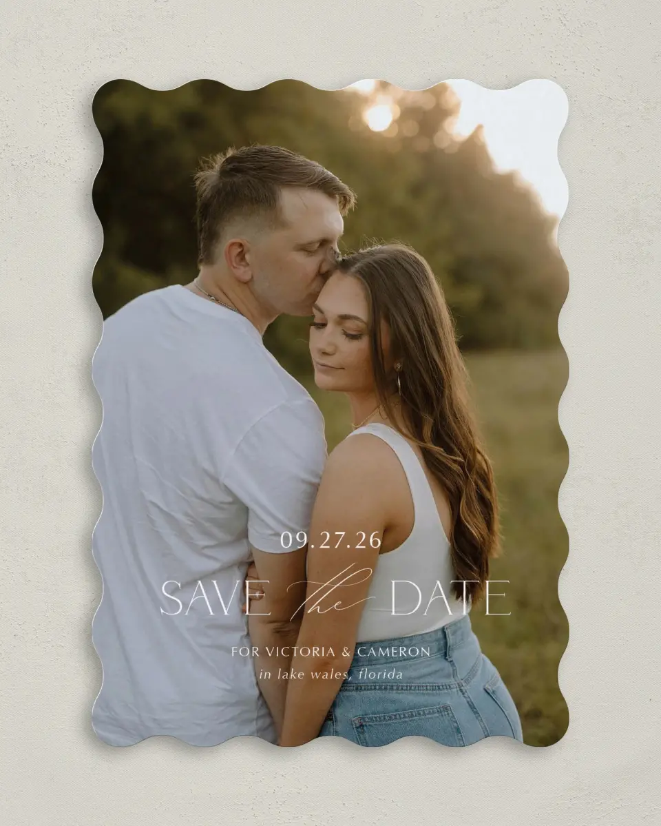 This is a 5" x 7" Save the Date Card called The Victoria printed in full color on Premium Smooth paper
