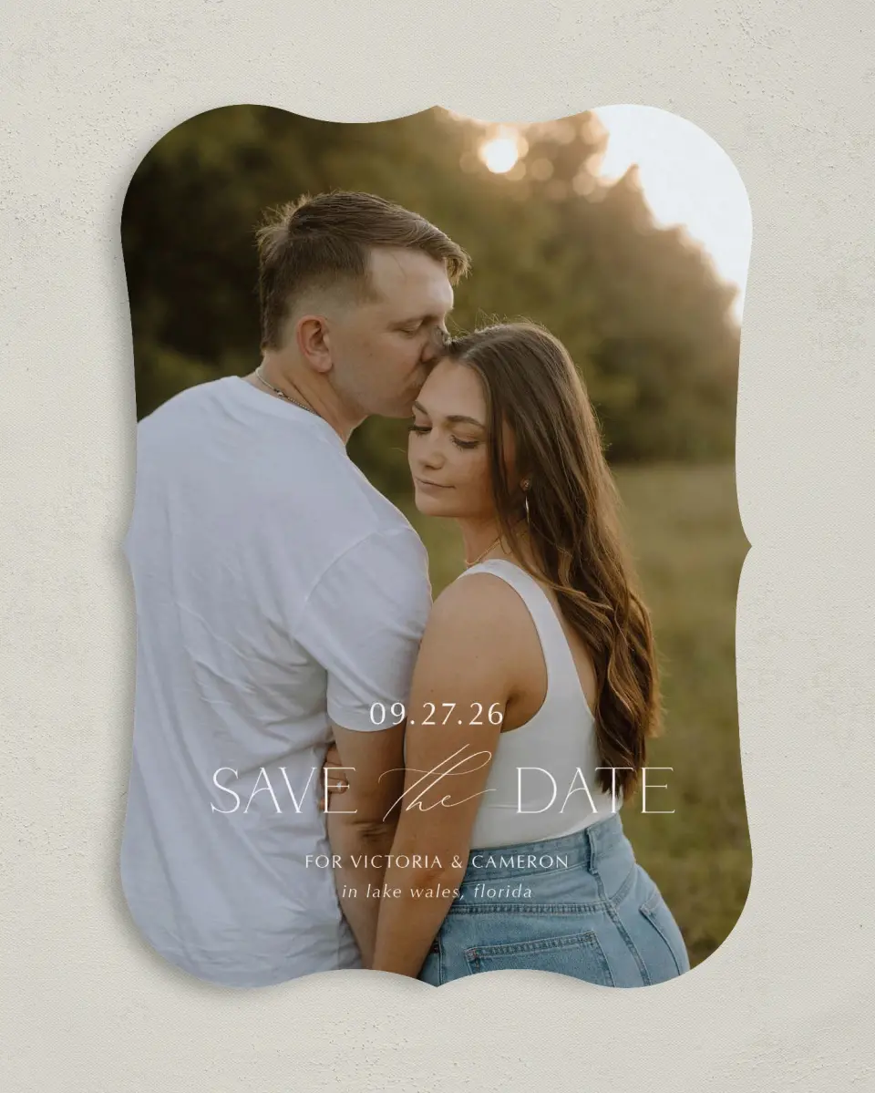 This is a 5" x 7" Save the Date Card called The Victoria printed in full color on Premium Smooth paper