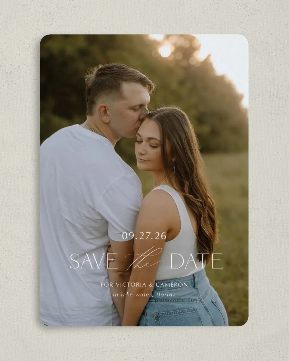 This is a 5" x 7" Save the Date Card called The Victoria printed in full color on Premium Smooth paper