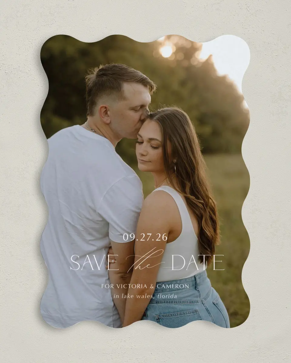 This is a 5" x 7" Save the Date Card called The Victoria printed in full color on Premium Smooth paper