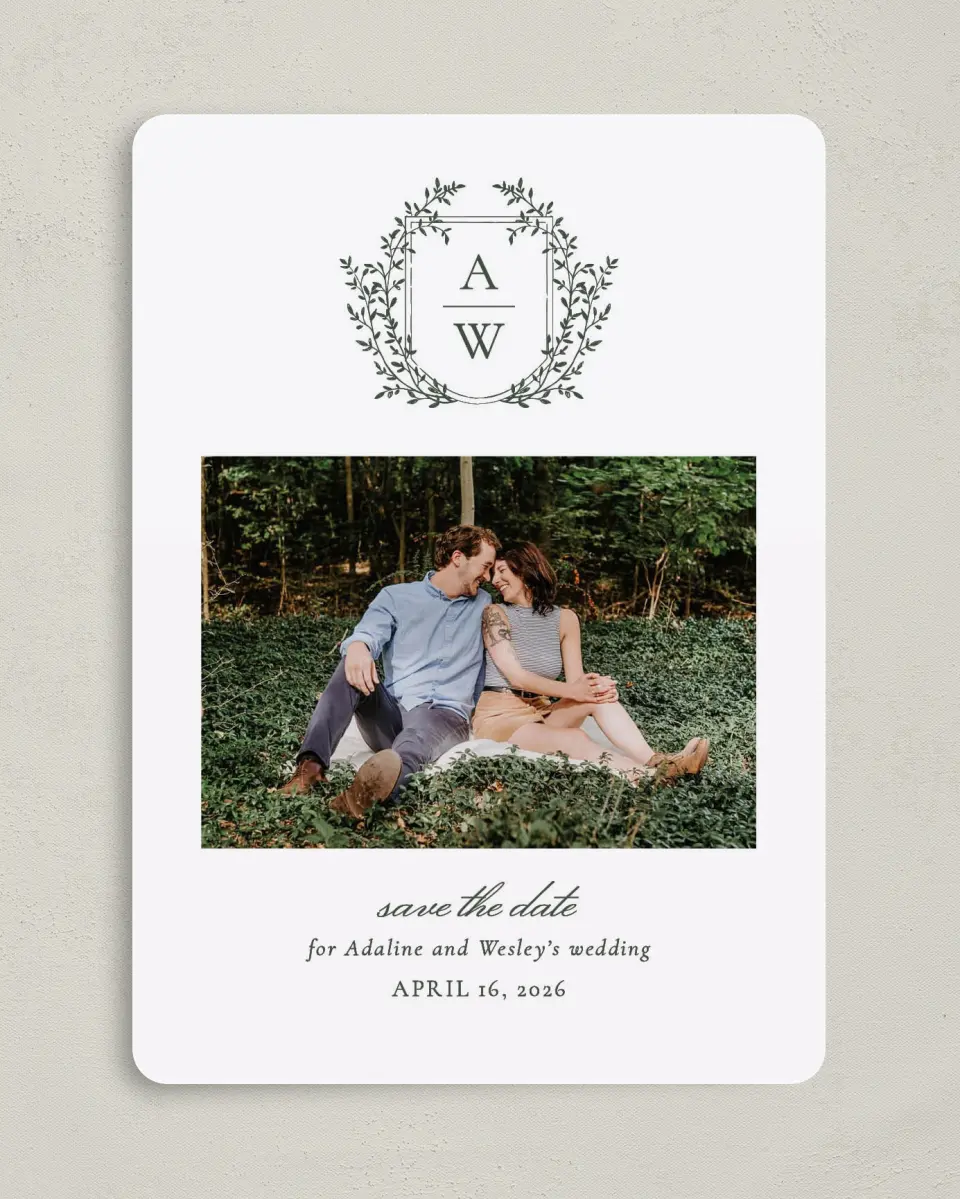 This is a 5" x 7" Save the Date Card called The Adaline printed in full color on Premium Smooth paper