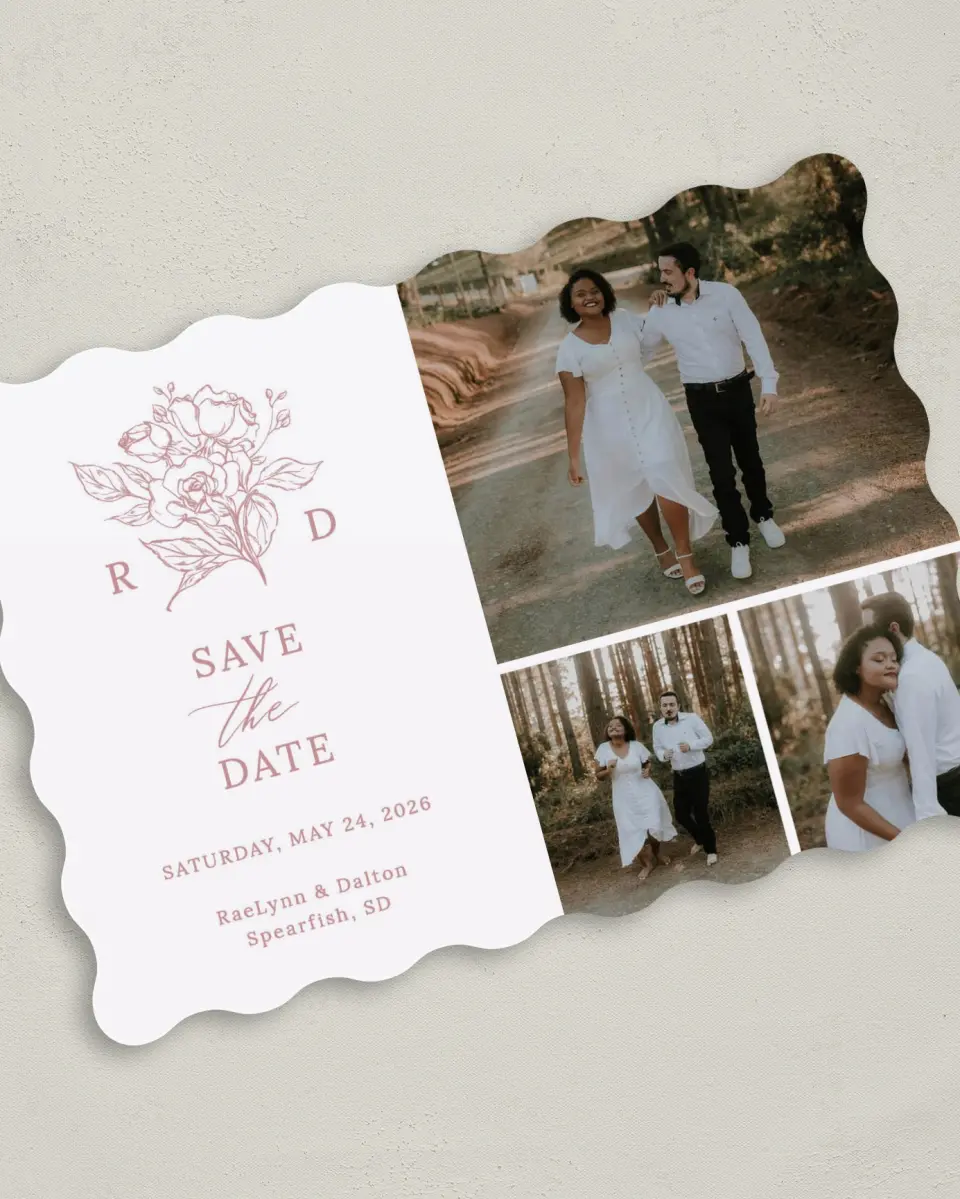 This is a 5" x 7" Save the Date Card called Blushing Rose printed in full color on Premium Smooth paper