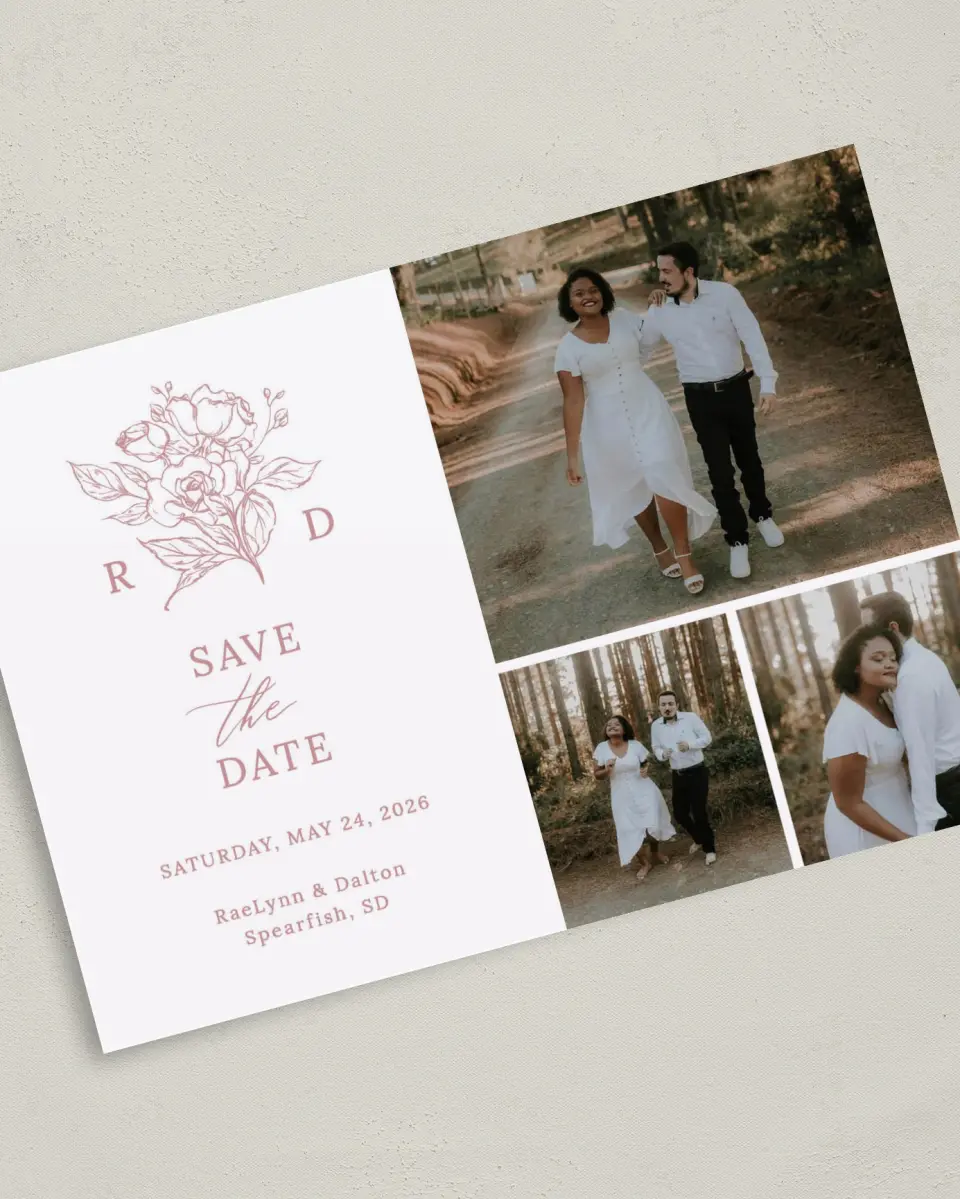 This is a 5" x 7" Save the Date Card called Blushing Rose printed in full color on Premium Smooth paper