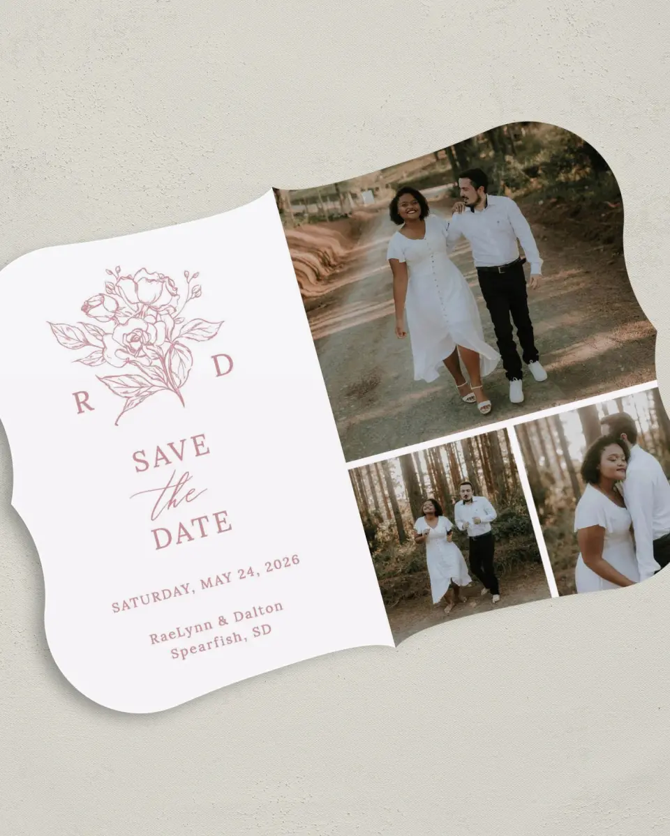 This is a 5" x 7" Save the Date Card called Blushing Rose printed in full color on Premium Smooth paper