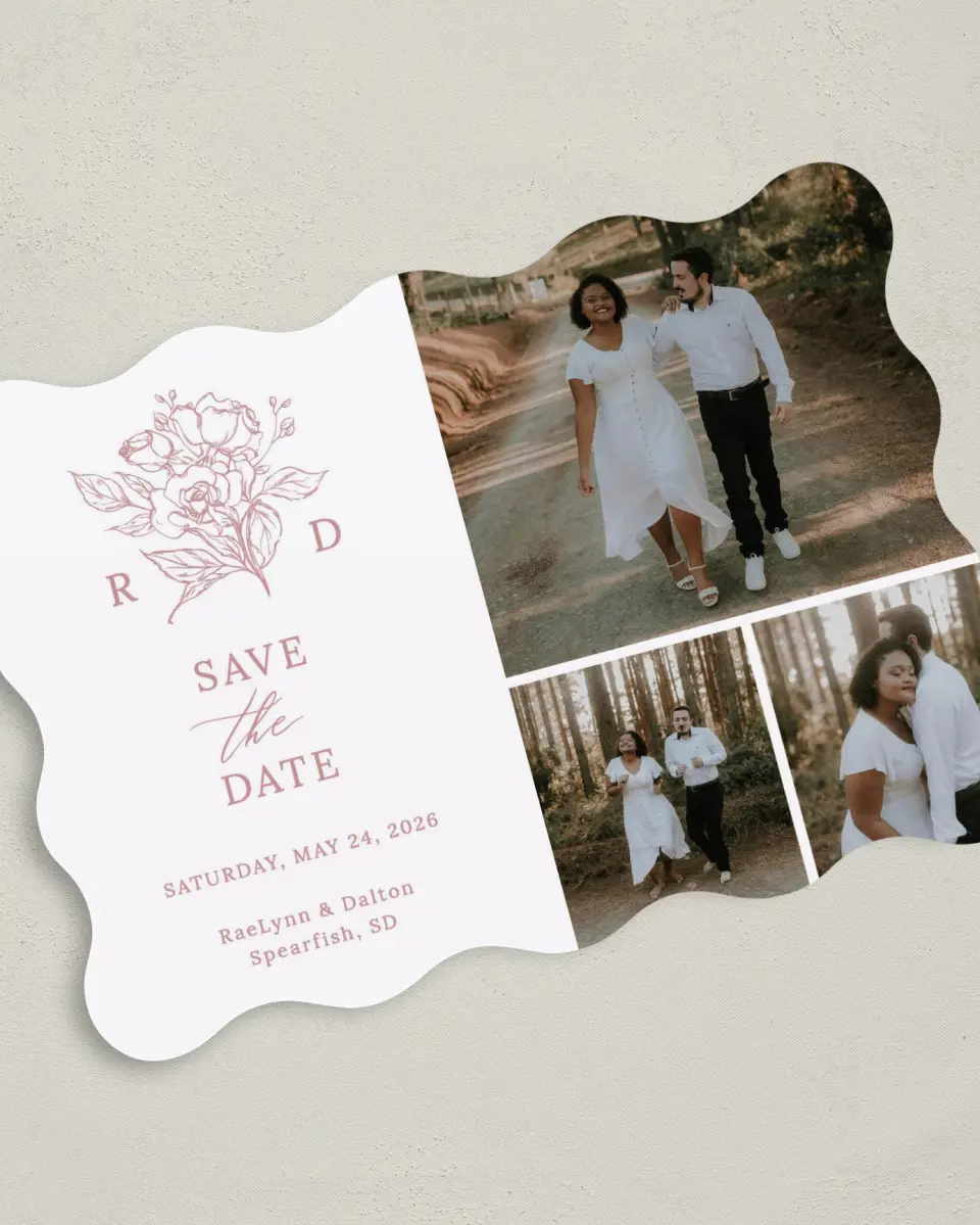 This is a 5" x 7" Save the Date Card called Blushing Rose printed in full color on Premium Smooth paper