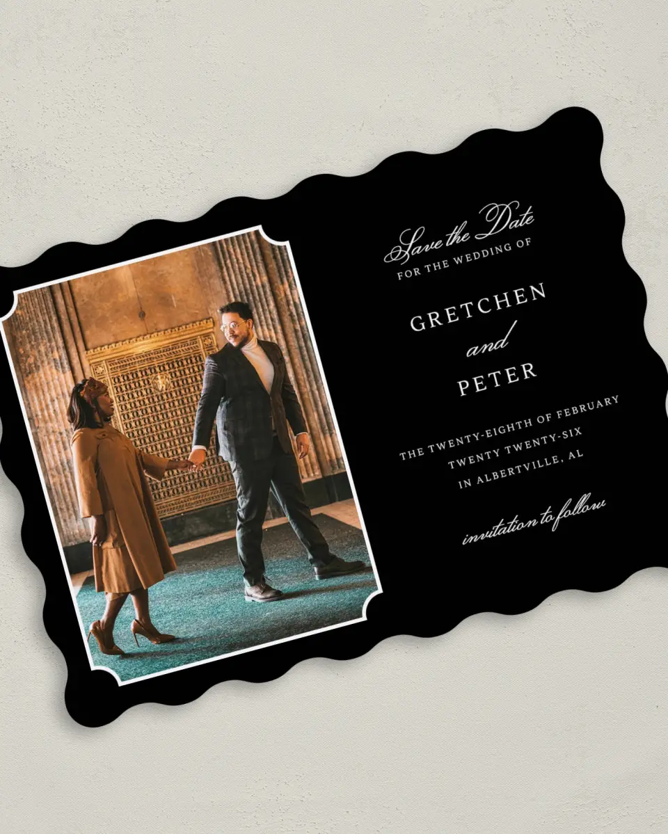 This is a 5" x 7" Save the Date Card called Elegant Tradition printed in full color on Premium Smooth paper