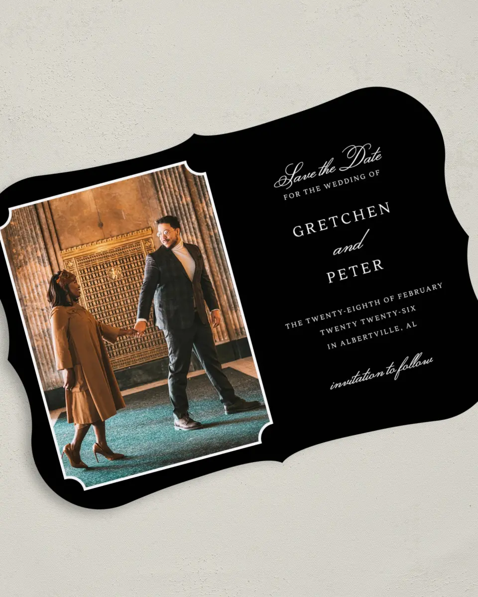 This is a 5" x 7" Save the Date Card called Elegant Tradition printed in full color on Premium Smooth paper