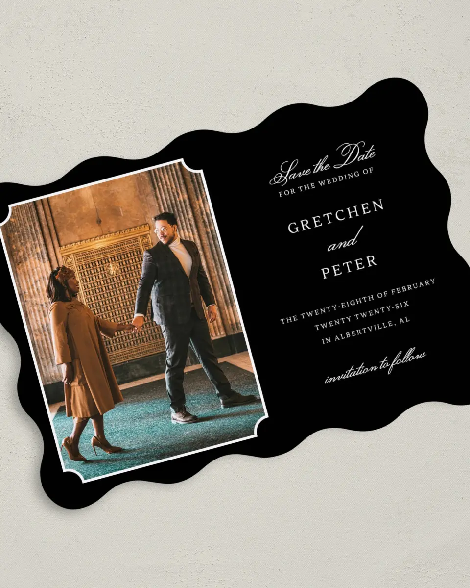 This is a 5" x 7" Save the Date Card called Elegant Tradition printed in full color on Premium Smooth paper