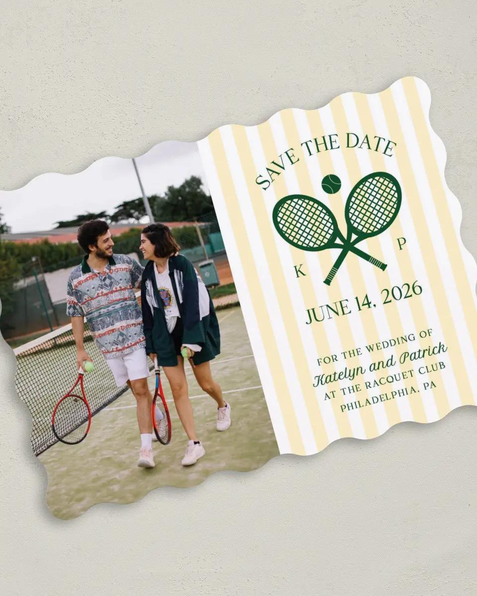 This is a 5" x 7" Save the Date Card called A Perfect Match printed in full color on Premium Smooth paper