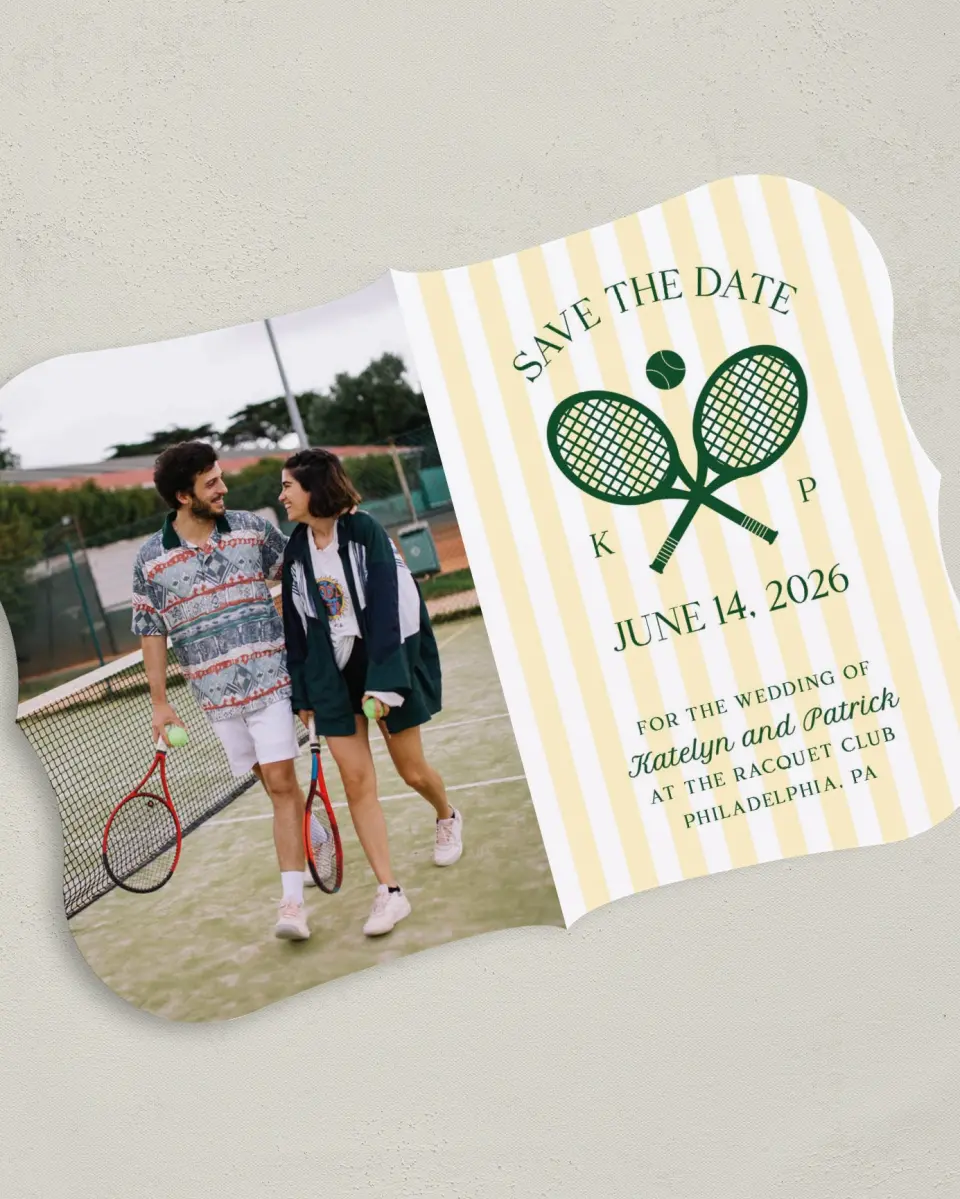 This is a 5" x 7" Save the Date Card called A Perfect Match printed in full color on Premium Smooth paper