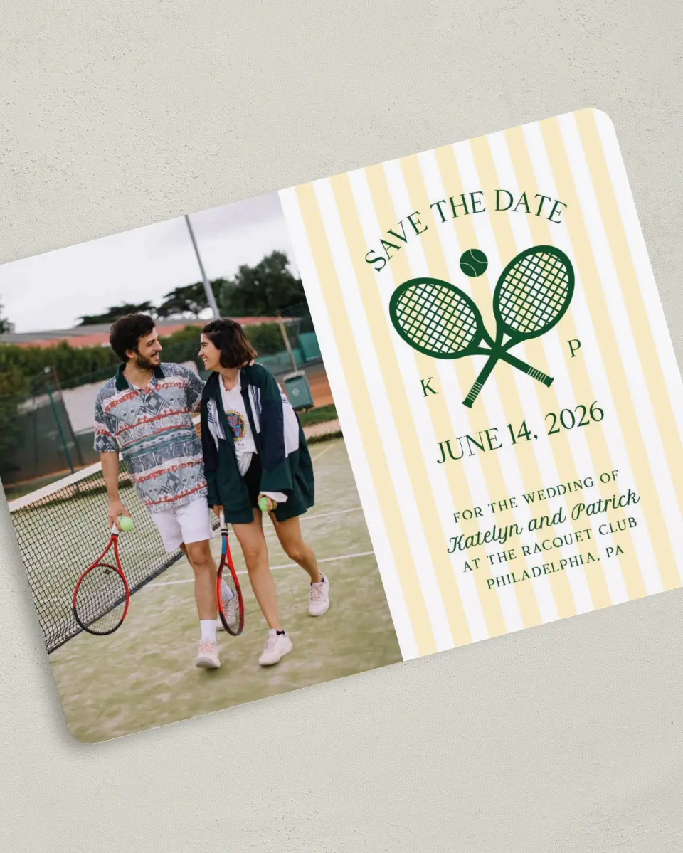 This is a 5" x 7" Save the Date Card called A Perfect Match printed in full color on Premium Smooth paper