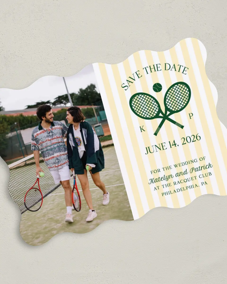 This is a 5" x 7" Save the Date Card called A Perfect Match printed in full color on Premium Smooth paper