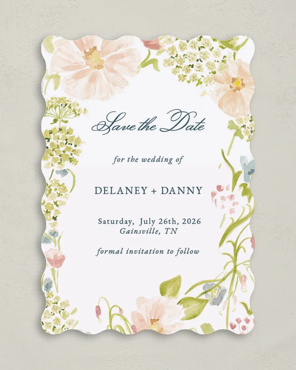 This is a 5" x 7" Save the Date Card called Garden of Vows printed in full color on Premium Smooth paper